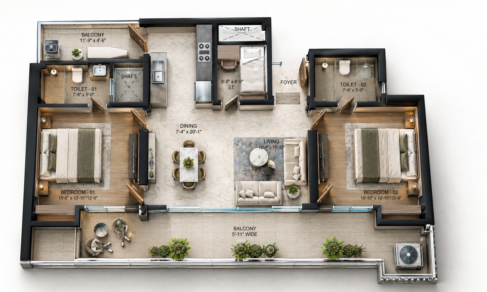 Type A 2.5 BHK floor plan